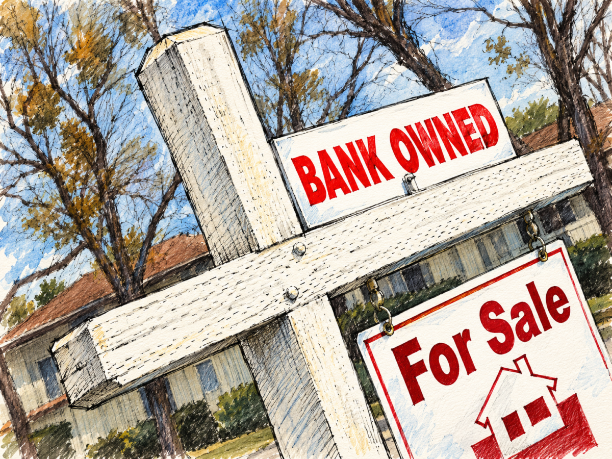 Bank owned home for sale signpost