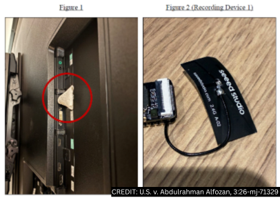 Two views of a small recording device labeled Recording Device 1, with an inset showing its placement behind a television