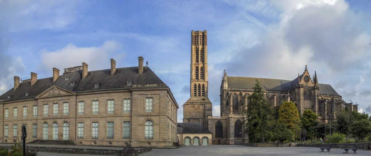 Panoramic view of Limoges, France, with the Gothic Cathedral of Saint-Étienne, the former Bishop's Palace, and its gardens