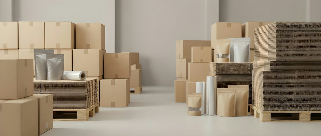 Cardboard boxes and packaging supplies stacked in a warehouse