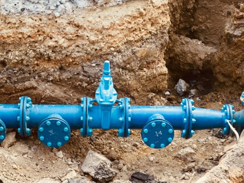 Large blue utility pipe at an infrastructure construction site
