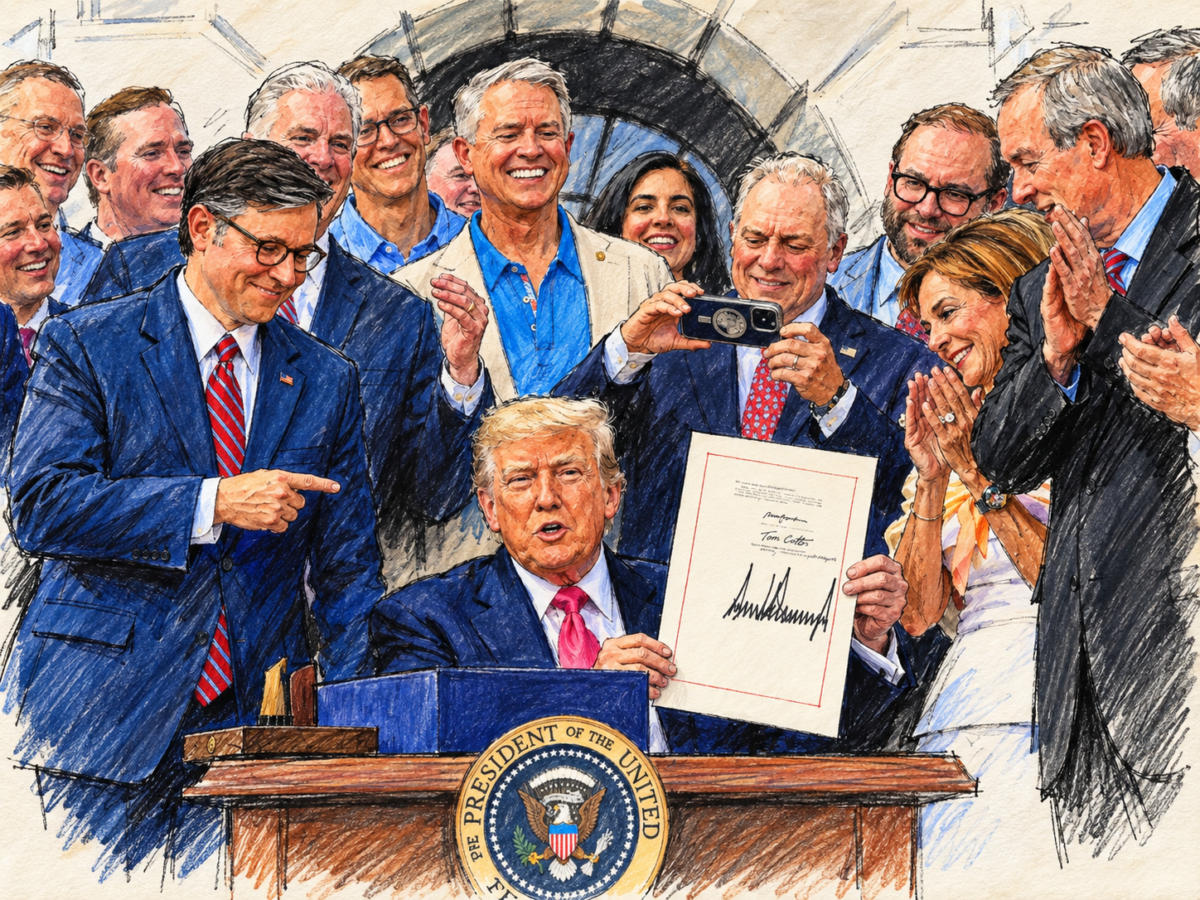 President Donald Trump, joined by Republican lawmakers, signs the One Big Beautiful Bill Act into law, July 4, 2025.